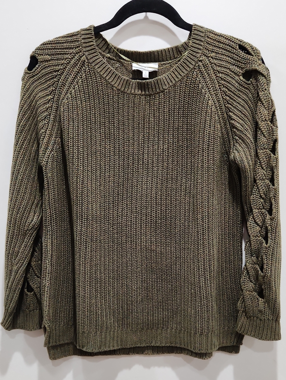 Olive Braided-Sleeve Crewneck Sweater - Women's Size S